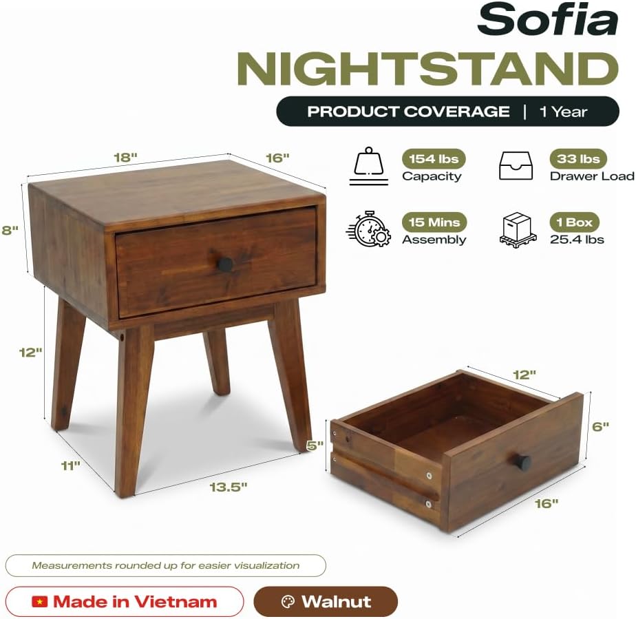 Acacia Sofia Nightstand with Drawer, Bedside Table, Solid Wood Bedside End Ta...