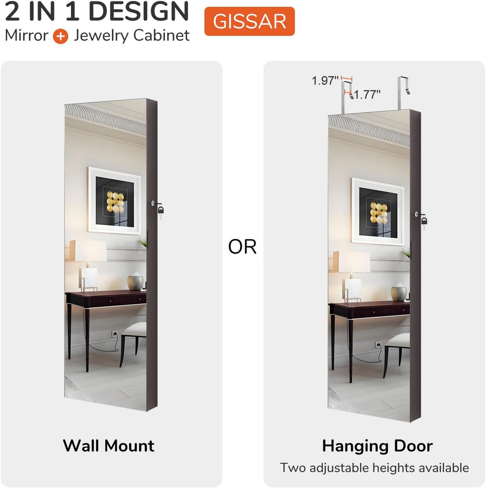 GISSAR Full Length Mirror Jewelry Cabinet, 6 LEDs Jewelry Armoire Wall Mounte...