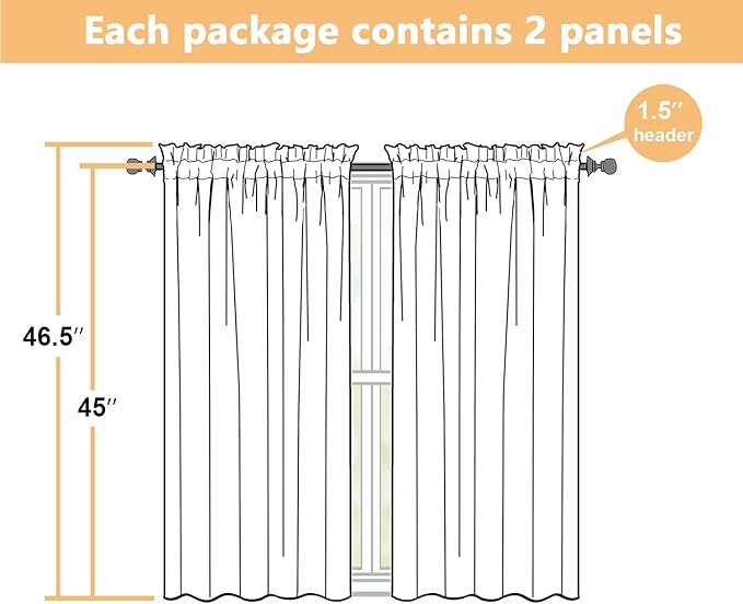 Black Kitchen Curtains 45 Inch Length 2 Panels, Light Filtering Faux Linen - Image 3