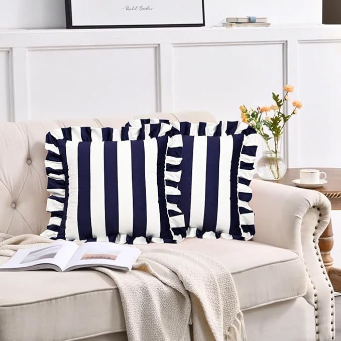 vctops Ruffle Square Throw Pillow Covers Boho Navy and White Striped Decorative - Image 2