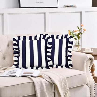 vctops Ruffle Square Throw Pillow Covers Boho Navy and White Striped Decorative - Image 2