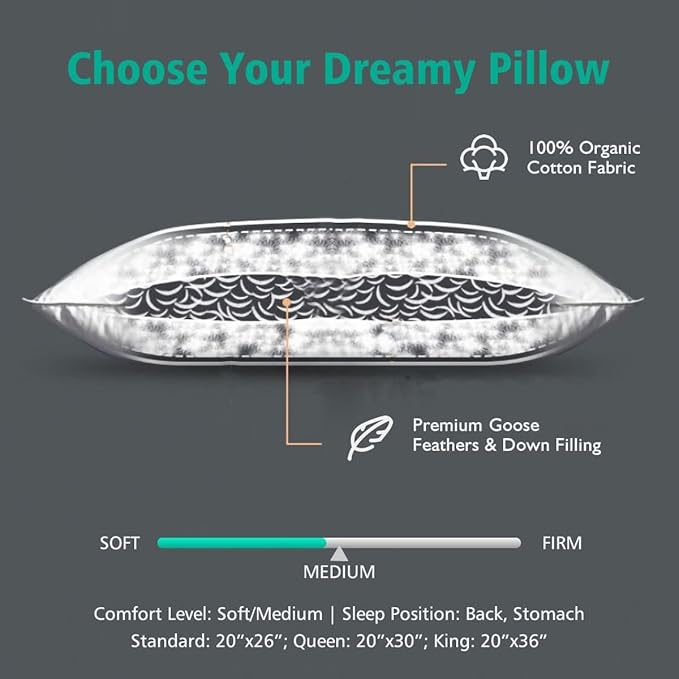 APSMILE Organic Feather Down Pillows Set of 2, Standard Size Bed Pillows - Image 3