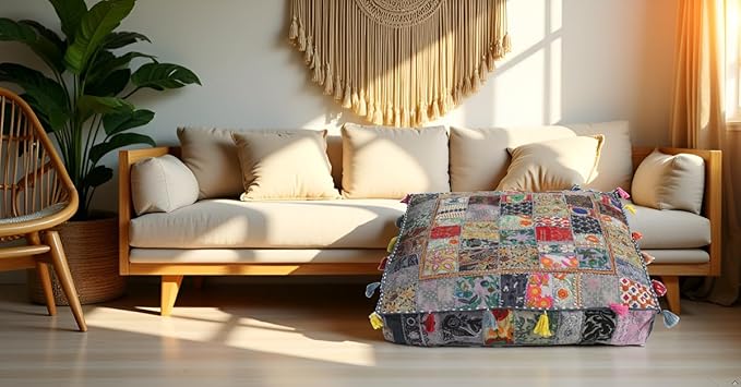 CRAFT KALA Indian Square Patchwork Traditional Pouf Cover Indian Living Room - Image 2
