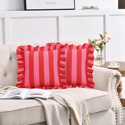 vctops Ruffle Square Throw Pillow Covers Boho Pink and Red Striped Decorative - Image 2
