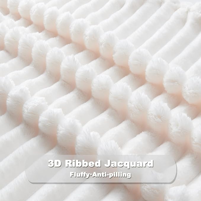 NEWCOSPLAY Super Soft King Blanket Ivory Premium Silky Flannel Fleece 3D Ribbed - Image 5