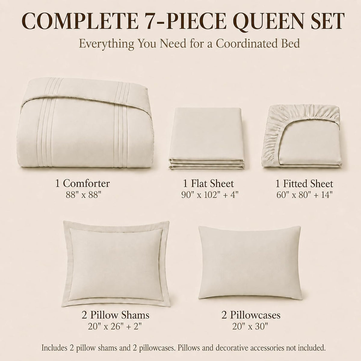 cozylux queen comforter set beige - 7 pieces shown in use