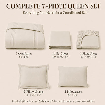 cozylux queen comforter set beige - 7 pieces shown in use