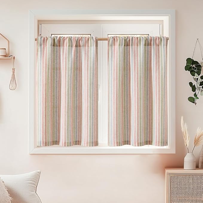 jinchan Striped Linen Kitchen Curtains 30 Inches Christmas Tier Curtains by JINCHAN