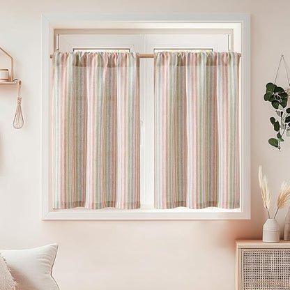 jinchan Striped Linen Kitchen Curtains 30 Inches Christmas Tier Curtains by JINCHAN