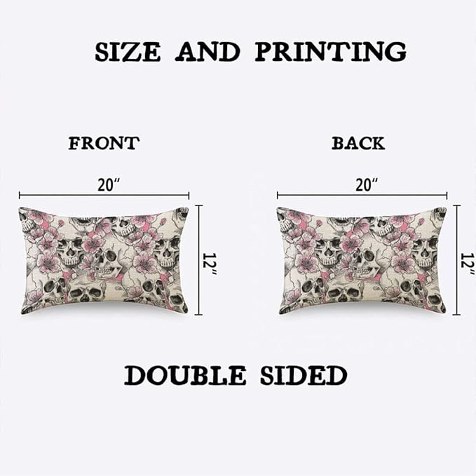 TKS MITLAN Skull and with Flowers Pillow Cover 12x20 inch Pink Cherry Rustic - Image 2