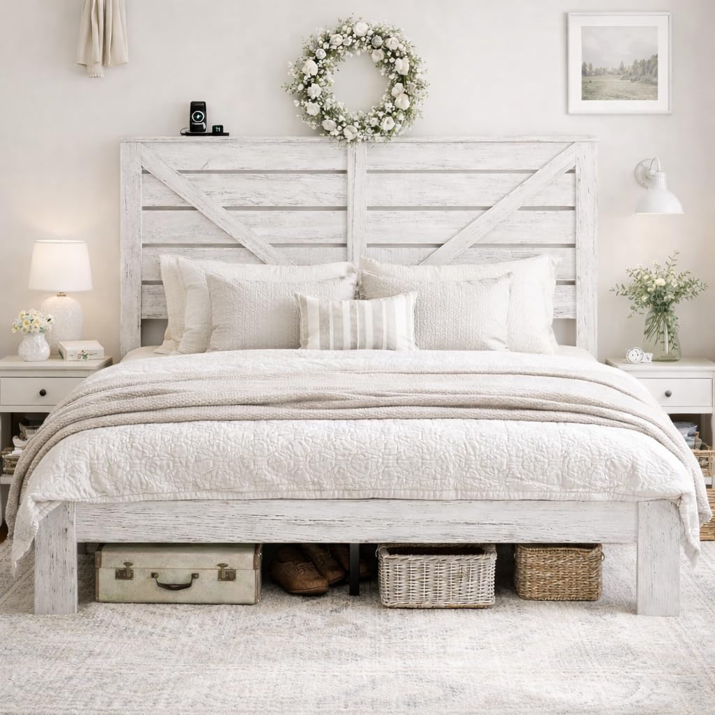 queen farmhouse bed frame with headboard, led lights, main product view