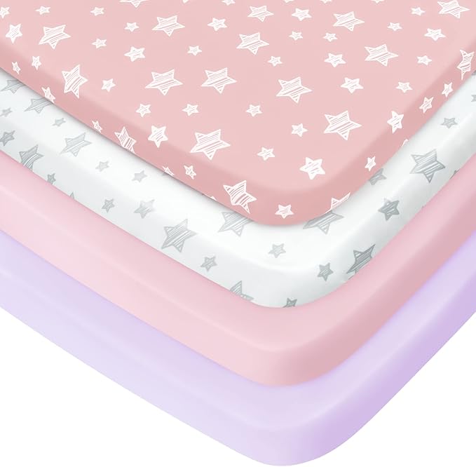 Pack and Play Sheets Girl, 4 Pack Mini Crib Sheets, Stretchy Pack n Play by Moonsea