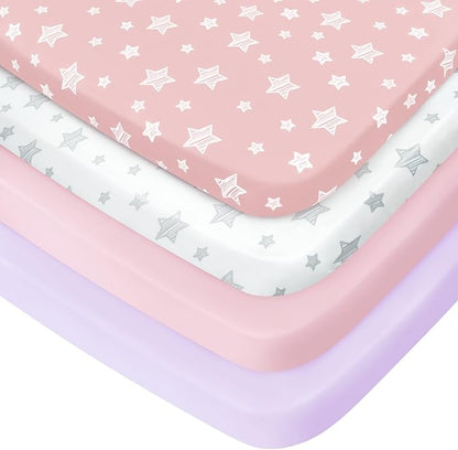 Pack and Play Sheets Girl, 4 Pack Mini Crib Sheets, Stretchy Pack n Play by Moonsea