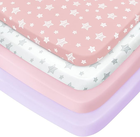 Pack and Play Sheets Girl, 4 Pack Mini Crib Sheets, Stretchy Pack n Play by Moonsea