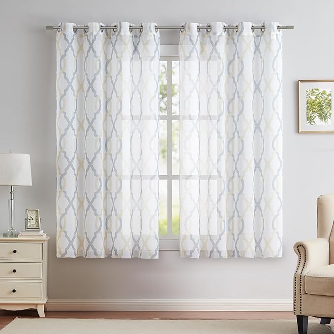 Gold Yellow Grey Moroccan Semi Sheer Curtains 54 Inches Long 52''W, Light - Image 2