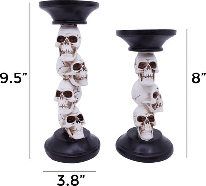 Etistta Halloween Skull Candle Holder for Fireplace Decorations, 9.5 Inch Tall Polyresin Candlestick Holders, White Bones Black Candlesticks for Decor, Set of 2