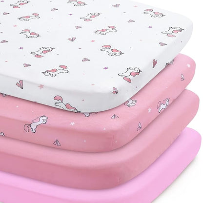 Mini Crib Sheets Set for Girls, 4 Pack, Mini Portable Crib Sheets for Girs | by SpringspiritBedding
