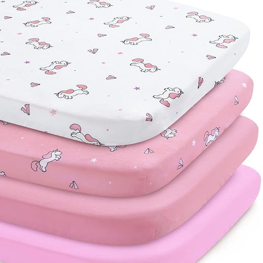 Mini Crib Sheets Set for Girls, 4 Pack, Mini Portable Crib Sheets for Girs | by SpringspiritBedding