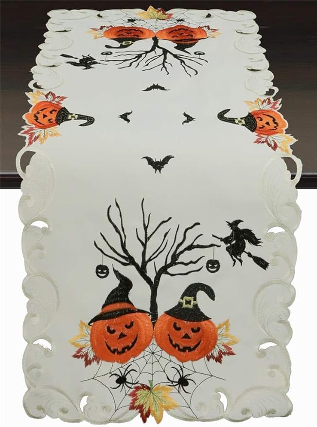 Creative Linens Halloween Table Runner 15x34, Embroidered Spooky Jack o Lantern by Creative+Linens