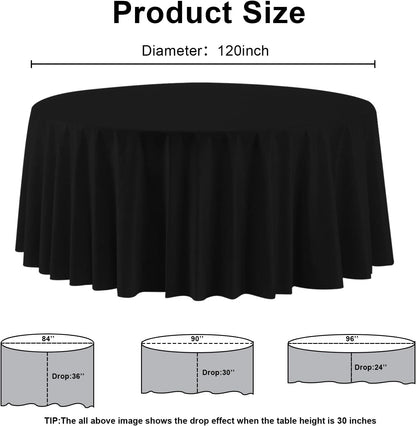 12 Pack Black Plastic Tablecloth 120 Inch Round Disposable Table Cloth, Waterproof Table Cover for Halloween, Weddings, Graduation & Parties