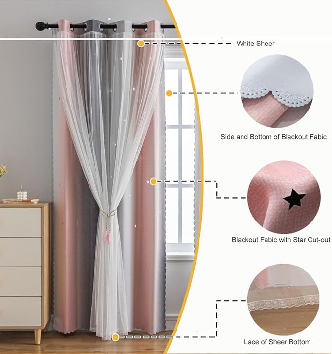 Star Girl and Kids Curtains for Bedroom Rainbow Ombre Double Layer Cute Shot - Image 4
