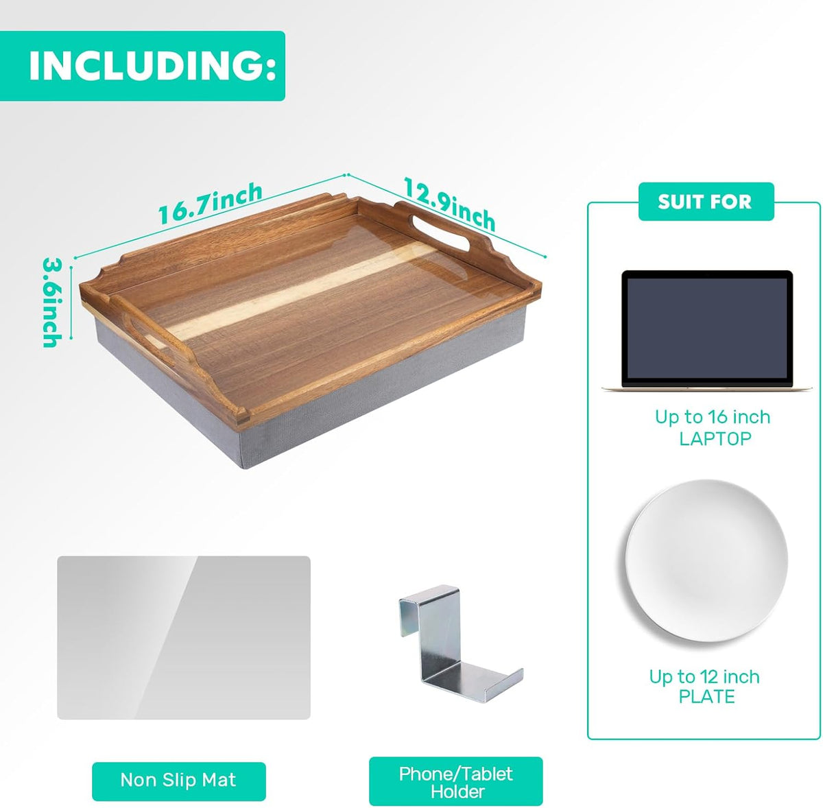 drelifam lap desk with cushion,wooden bed tray table, side view