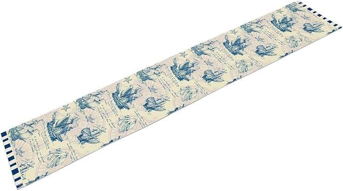 Nautical Table Runner, Retro Coastal Sailing Ship Compass Starfish Octopus - Image 6