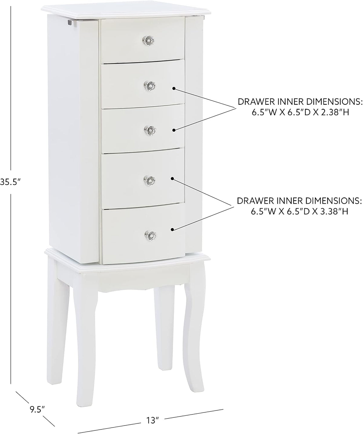 powell furniture jewelry armoire, white, 13"x 9.375"x 35.5" shown in use