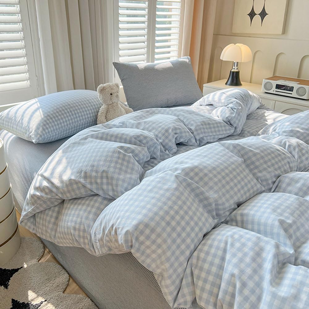 Nayoroom Gingham Duvet Cover Set Full Blue White Plaid Checkered Bedding