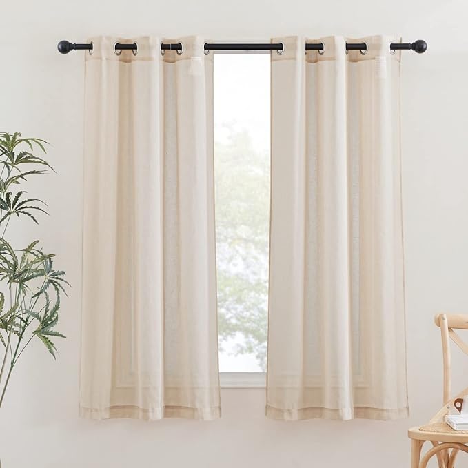 NICETOWN Beige Linen Curtains 63 inch Length 2 Panels, Grommet Flax Semi Sheer by NICETOWN