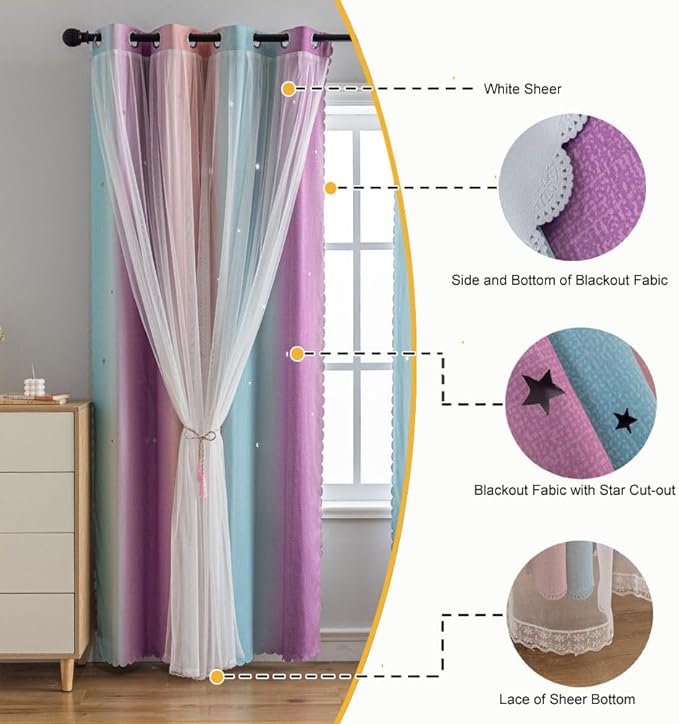 Star Girl and Kids Curtains for Bedroom Rainbow Ombre Double Layer Cute Shot - Image 4