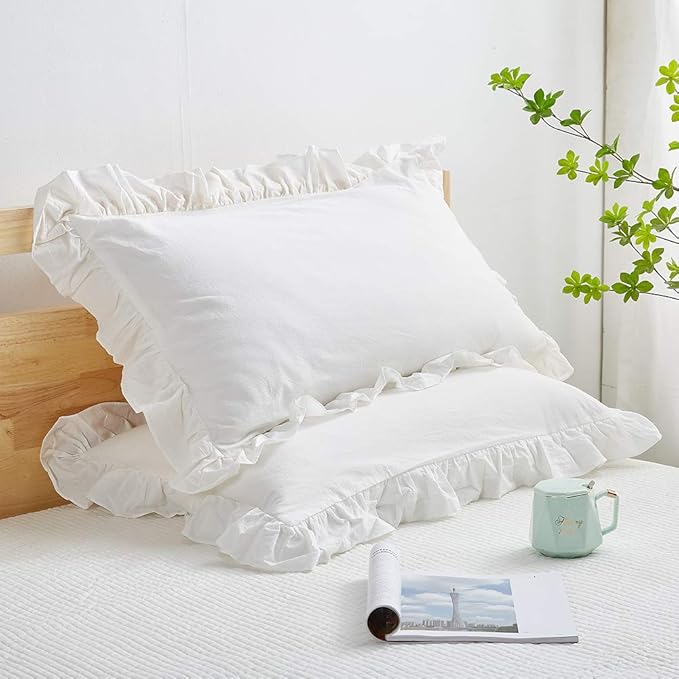 Shabby Off White Ruffle Pillow Covers Queen Size Set of 2, Washed Cotton by Mywinlle