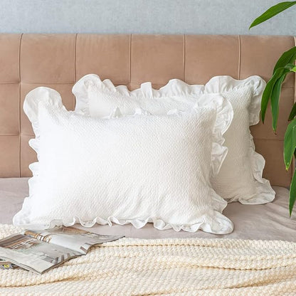 Pillow Shams Set of 2 Pure Cotton Champray Ruffled Edge, Thick and Solid Washed by GLORYSEASON