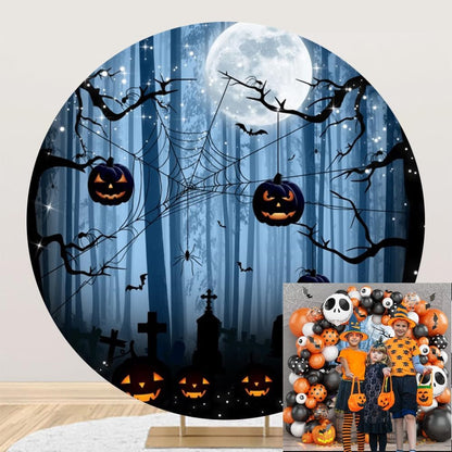 Diameter 7.5ft Halloween Themed Round Backdrop Cover Gothic Mysterious Forest Horrible Moon Night Pumpkin Cemetery Circle Photography Background for Halloween Party Decor Photo Booth Props