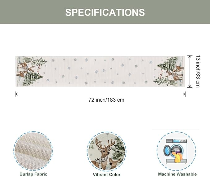 Christmas Deers Cedar Table Runner 13x72 Inch Snowflaks Winter Kitchen Dinning - Image 6