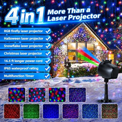 Outdoor Laser Projector Lights, RGB Firefly Light Show for Backyard Parties & Gatherings, IP65 Waterproof, 270° Adjustable, 10 Color Modes + 3 Changeable Holiday Cards(Halloween/Snowflake/Christmas)