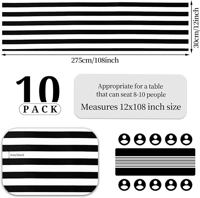 10 Pack Striped Table Runner Polyester Table Decor Classic Black and White - Image 2