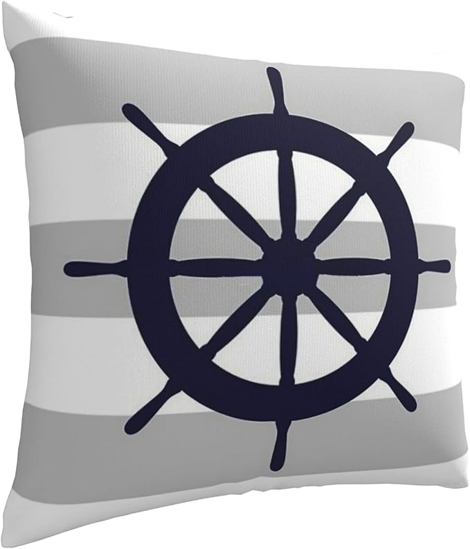 Myshe Square Nautical Navy Blue Ship's Steering Wheel On Silver Gray Stripes - Image 2