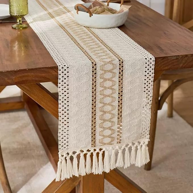 Boho Table Runner for Christmas, Woven Cream & Brown Macrame Dining Table - Image 5