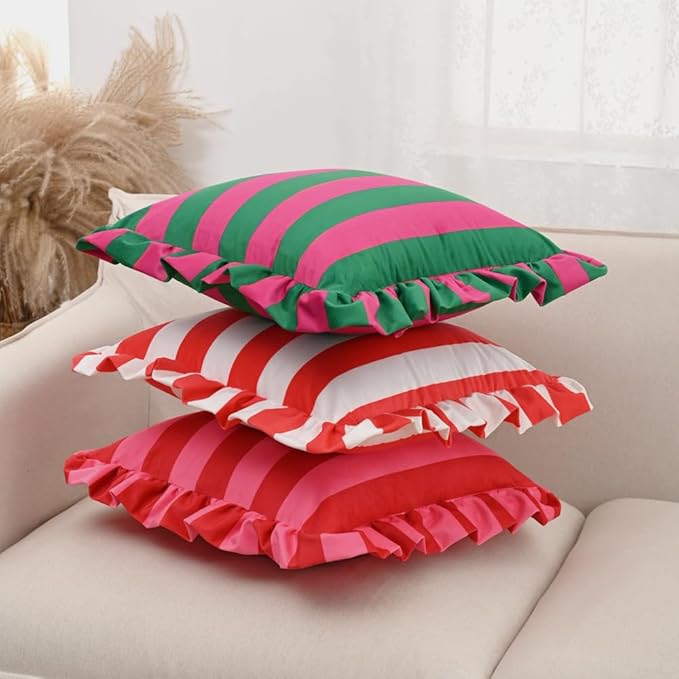 vctops Ruffle Square Throw Pillow Covers Boho Red and White Striped Decorative - Image 6