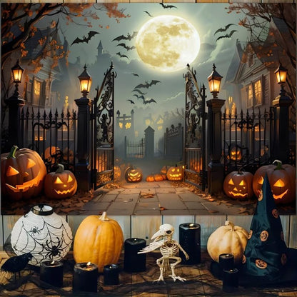 12x8ft Halloween Backdrop Scary Full Moon Night Pumpkin Ghost Castle Halloween Photo Backdrops for Photography Haunted House Back Drop for Picture Booth Props Party Decorations
