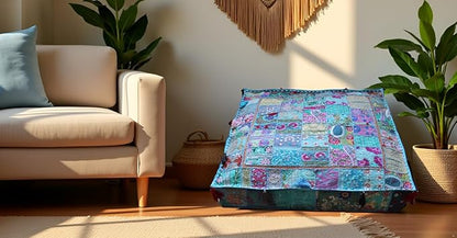 CRAFT KALA Indian Square Patchwork Traditional Pouf Cover Indian Living Room - Image 4
