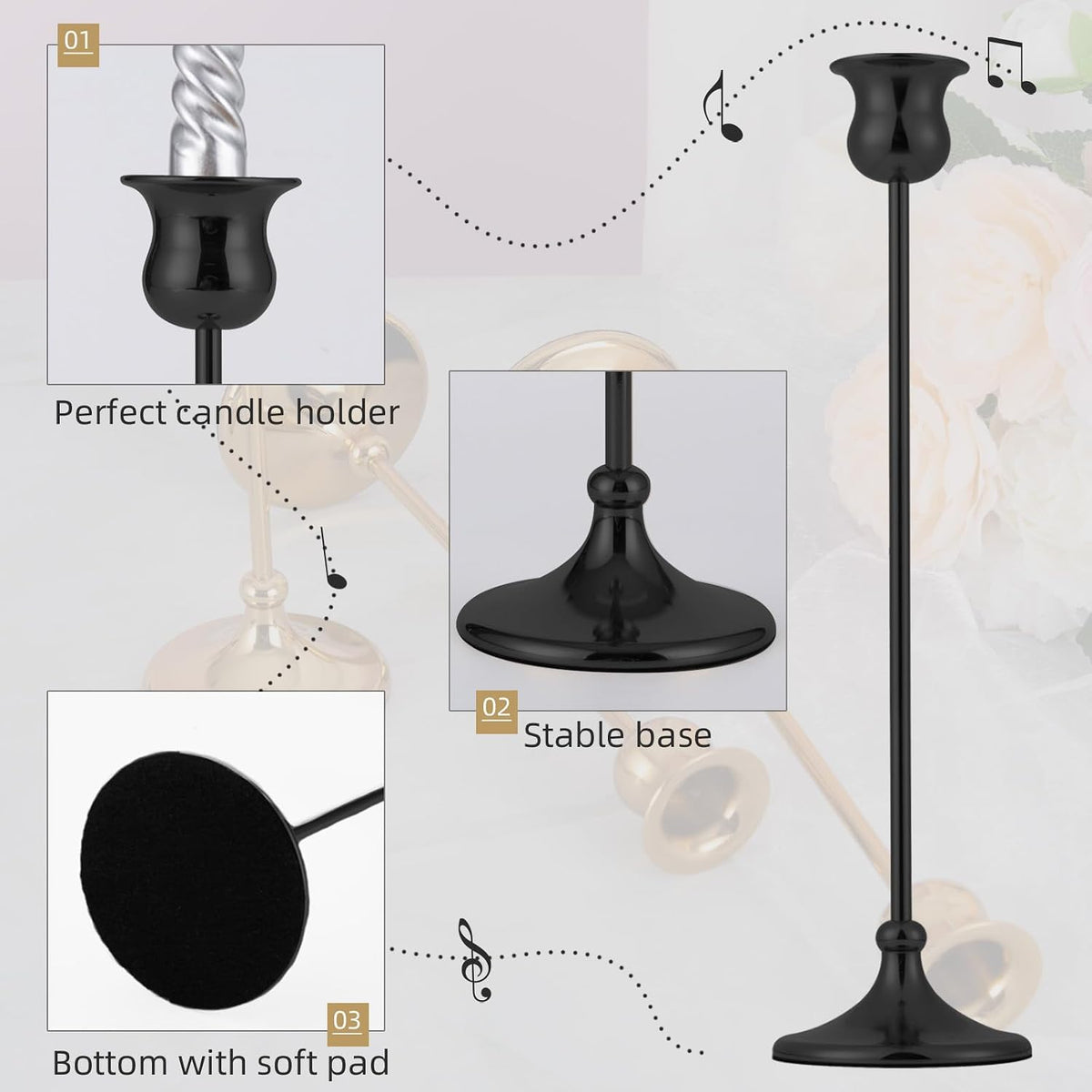 Metal Candle Holder Taper Candlestick Holders for Candle Sticks Vintage Candelabra for Halloween Thanksgiving Christmas (Matt Black, 2 Sets (6 pcs))