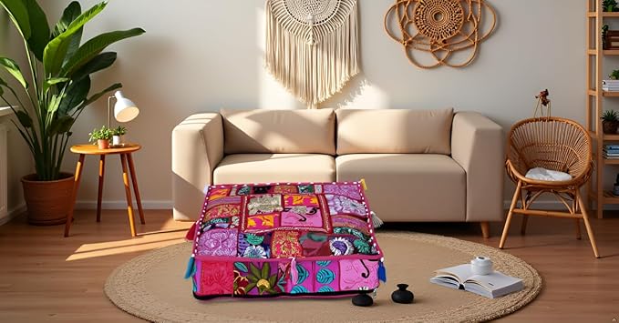 CRAFT KALA Indian Square Patchwork Traditional Pouf Cover Indian Living Room - Image 3