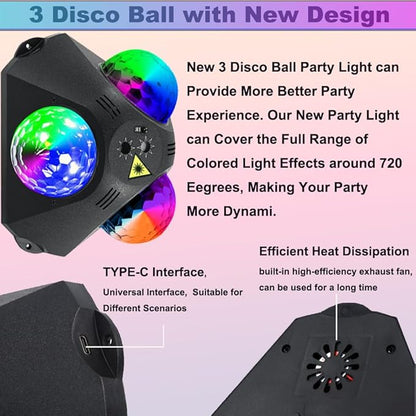 Disco Ball Party Lights Indoor Outdoor, Dj Lights Disco Ball Decor Party Strobe Light for Parties 3 Disco Balls Sound Activated with Remote Control Disco Light for Christams Halloween KTV Club Party