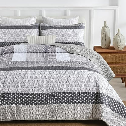 wongs bedding grey queen size quilt set, boho, front angle view