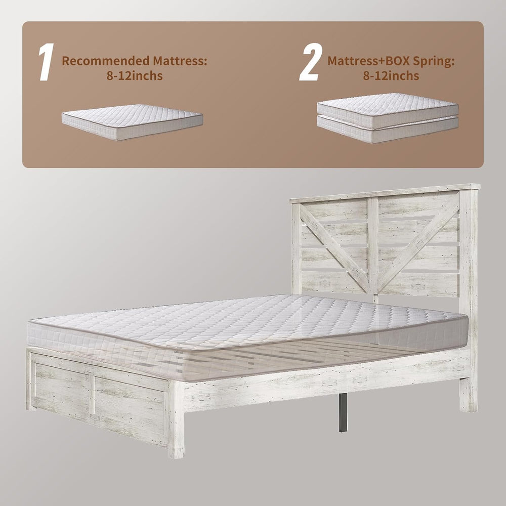 LUXOAK Queen Size Farmhouse Wooden Bed Frame with 49.2" Headboard, White