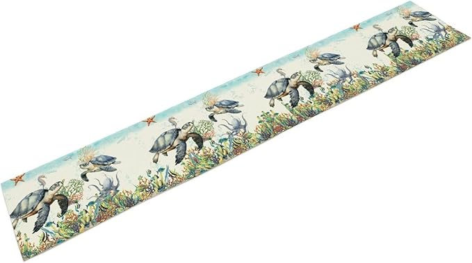 Ocean Animals Sea Turtle Table Runner Underwater Life Octopus Starfish Seaweed - Image 7
