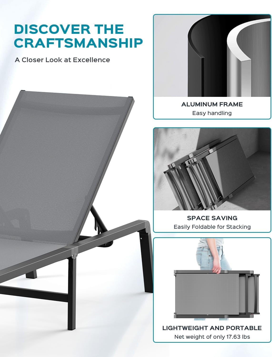 ciokea aluminum chaise lounge ourdoor - foldable & showing dimensions