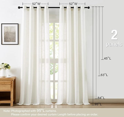 Flax Blend Linen Semi Sheer Curtains 52 x 45 White Light Filtering Privacy - Image 8